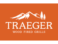Traeger Logo in red with mountain and trees in the background